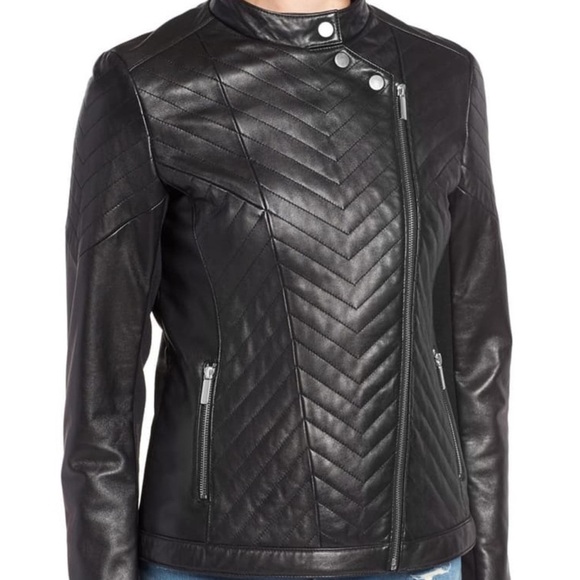 Badgley Mischka Jackets & Blazers - $349 Badgley Mischka Black soft leather Chevron quilted Biker jacket slim fit L